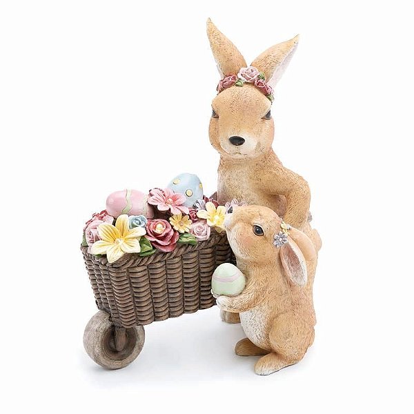 Coelho Decorativo Resina com Carrinho e Filhote com Led 28x14x23cm - 1 Un