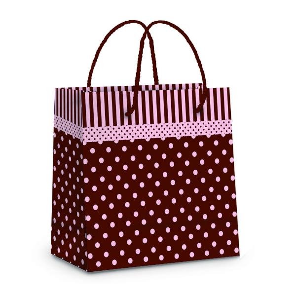 Sacola Laminada Poá Marrom/Rosa PP 14X13X6 - 10 Un