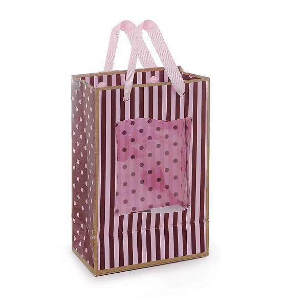 Sacola Papel com Visor Lux Rosa/Marrom P 18X11,5X6,5