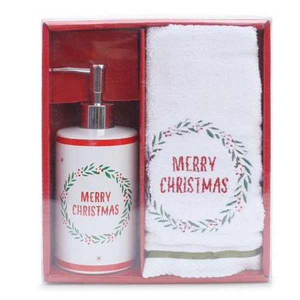 Toalha e Porta Sabonete Branco Verde Vermelho - Kit com 2 Peças