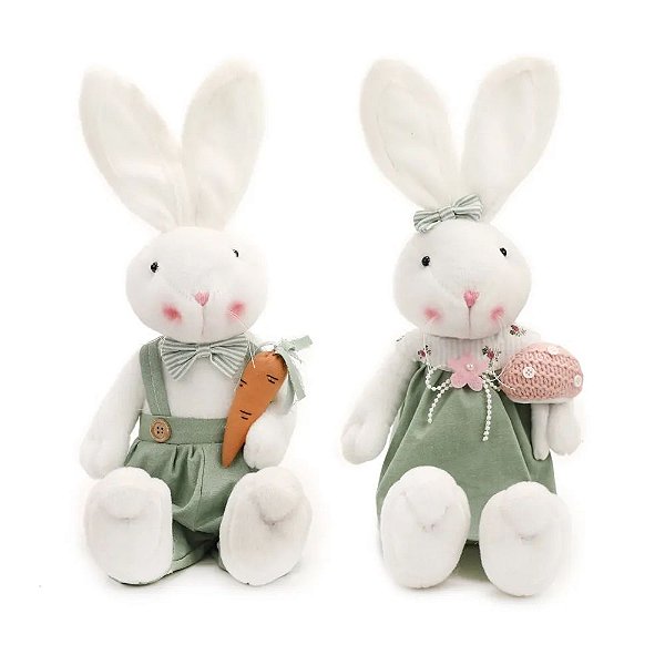 Casal Coelhos Decorativos Sentados Branco e Verde e Rosa (Sucree) - 2 Un