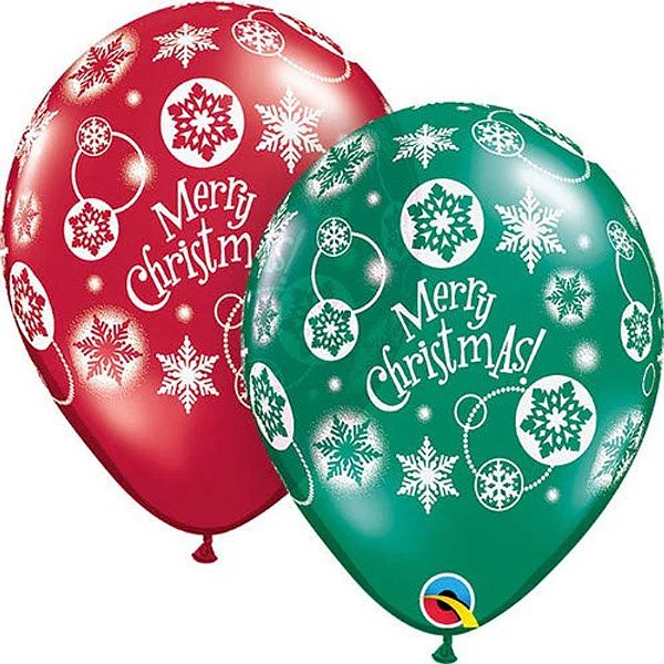 Balão Qualatex 11" - Redondo Esmer E Rubi - Merry Christmas!-Flocos - 50 Un