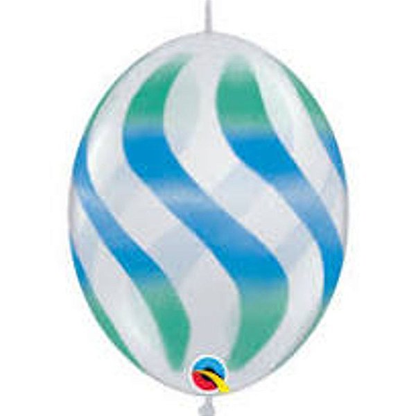 Balão Qualatex 12" - Q-Link Diamante Transparente - Listras Onduladas Verdes E Azuis - 50 Un