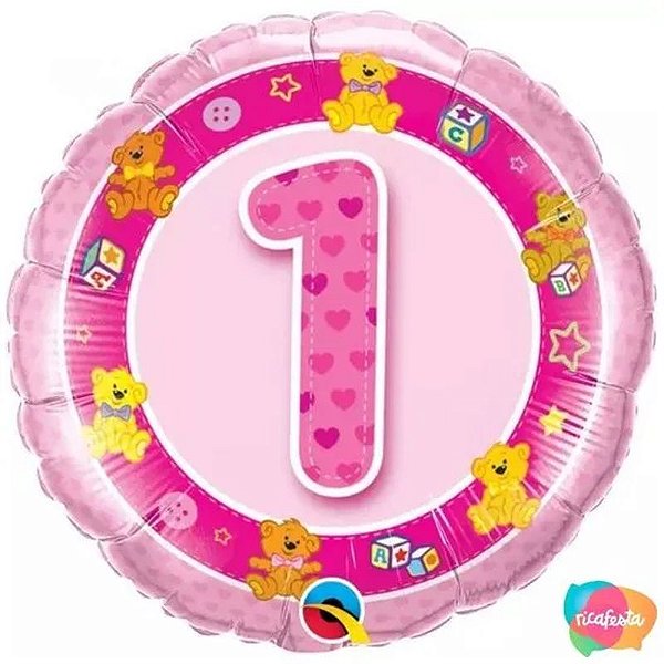 Balão Qualatex 18" - Redondo - 1 Ano Rosa Ursiho - 1 Un