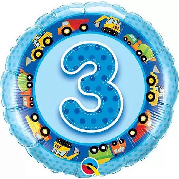 Balão Qualatex 18" - Redondo - 3 Anos Azul Máquinas - 1 Un
