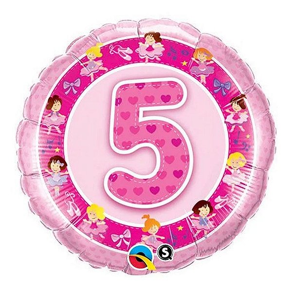 Balão Qualatex 18" - Redondo - 5 Anos Rosa Bailarinas - 1 Un