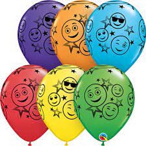 Balão Qualatex 11" - Redondo Arco-Íris - Carinhas Sorridentes-Estrelas - 50 Un