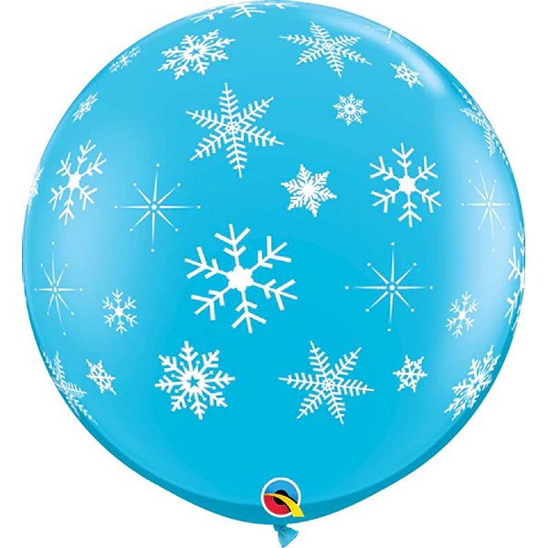 Balão Qualatex 3" - Redondo Azul Casca De Ovo - Flocos De Neve E Luzes - 2 Un