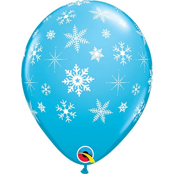 Balão Qualatex 11" - Redondo Azul Casca De Ovo - Flocos De Neve E Luzes - 50 Un
