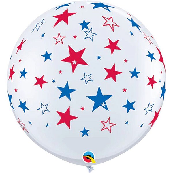 Balão Qualatex 3" - Redondo Branco - Estrelas Vermelhas E Azuis - 2 Un