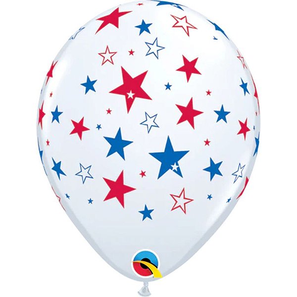 Balão Qualatex 11" - Redondo Branco - Estrelas Vermelhas E Azuis - 50 Un