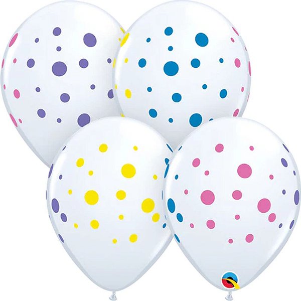 Balão Qualatex 11" - Redondo Branco - Pontos Coloridos - 50 Un