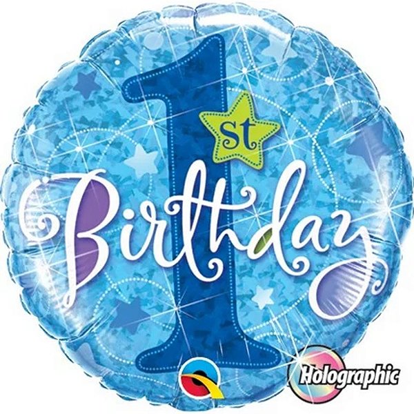 Balão Qualatex 18" - Redondo Hol - 1St Birthday-Estrelas Azuis - 1 Un