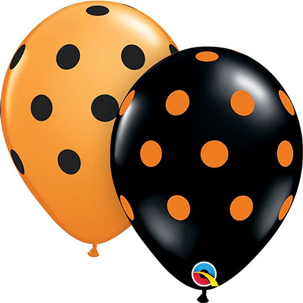 Balão Qualatex 11" - Redondo Laranja E Preto - Pontos Polka Grandes - 50 Un