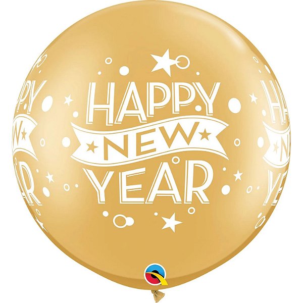 Balão Qualatex 3" - Redondo Ouro - Happy New Year-Pontos - 2 Un