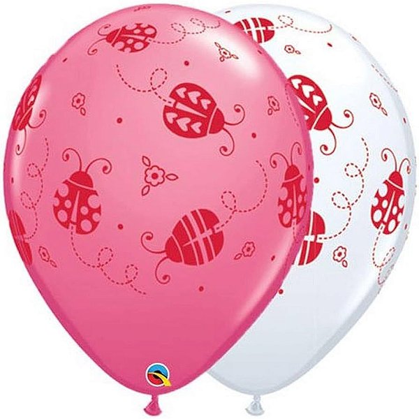 Balão Qualatex 11" - Redondo Rosa Mex E Branco - Joaninhas - 50 Un