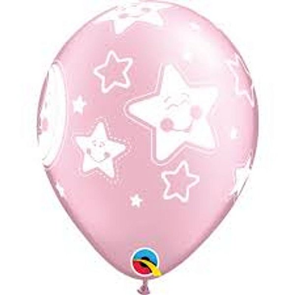 Balão Qualatex 11" - Redondo Rosa Perolado - Lua E Estrelas Bebês - 50 Un