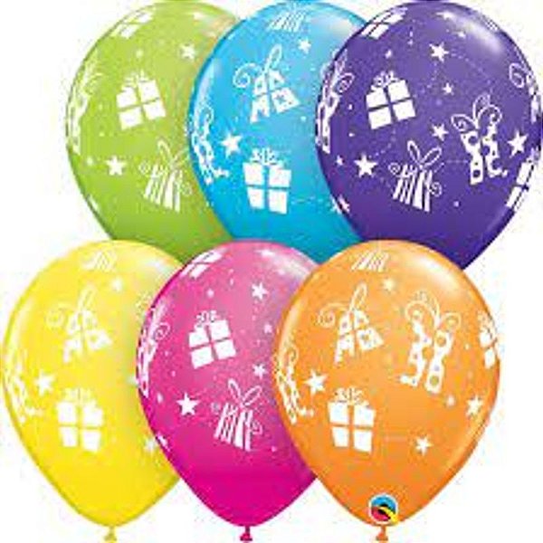 Balão Qualatex 11" - Redondo Sortido Tropical - Presentes E Estrelas - 50 Un