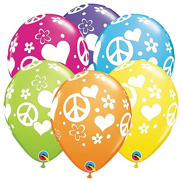Balão Qualatex 11" - Redondo Sortido Tropical - Sinais De Paz E Corações - 50 Un