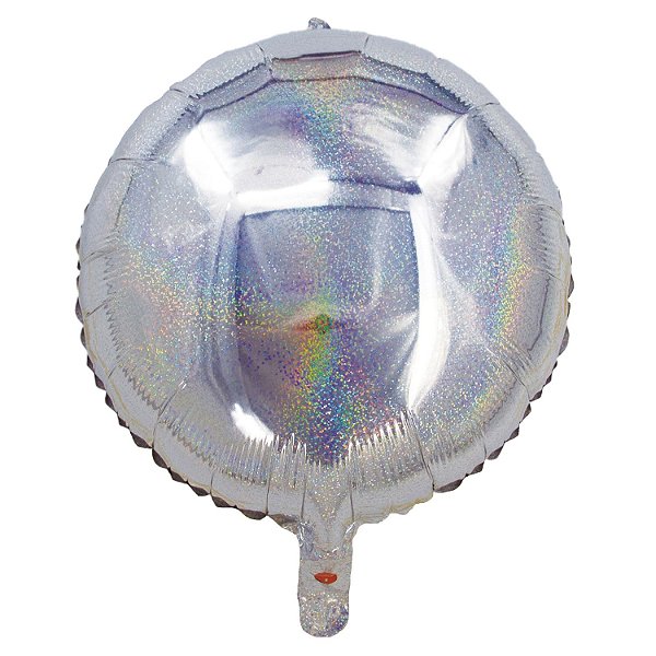 Balão Holográfico Redondo Com Canudo Prateado 18" - Silver Plastic - 1 Unidade
