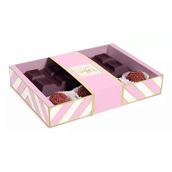 Caixa Tablete com Brigadeiros Chevron Rosa 18x13x3,2cm - 100 Un