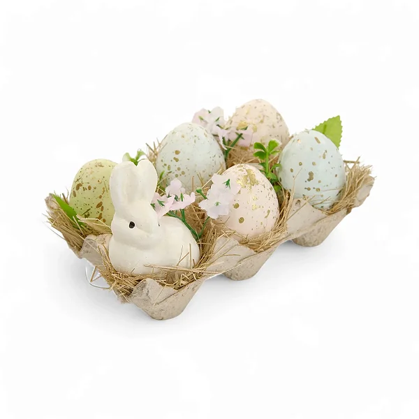 Cartela Mini Ovos Decorativos com Folhas 10x10x15cm - 1 Un