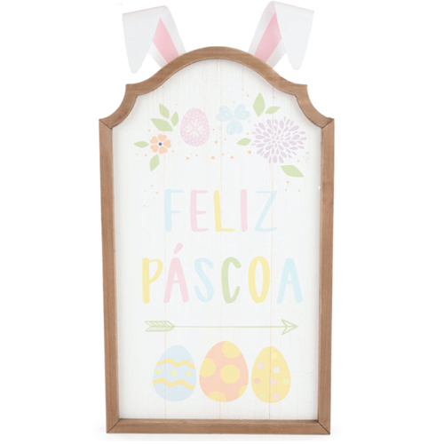 Quadro Decorativo Feliz Páscoa com Orelha 46,7x25cm - 1 Un