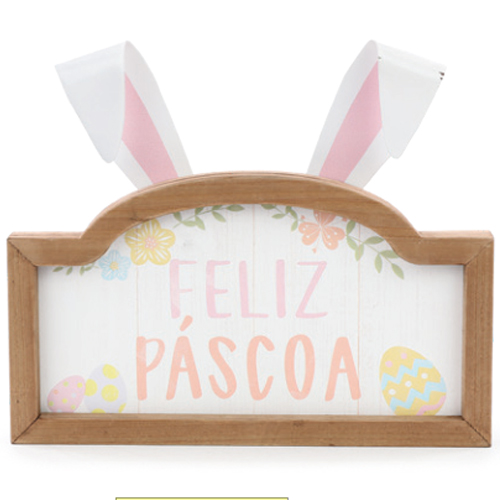 Quadro Decorativo Feliz Páscoa com Orelha 21,6x25,4cm - 1 Un