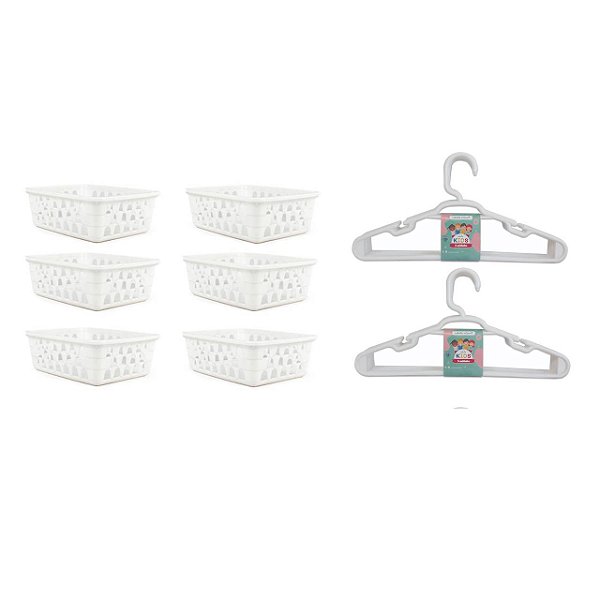 Kit 6 Cesto Organizador 16x12x6Cm Branco +10 Cabide Infantil 123Organizei