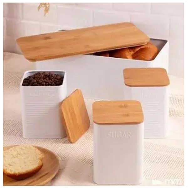 Conjunto Porta Pão E 3 Potes Multiuso De Metal e Tampa Bambu Café Açúcar Chá