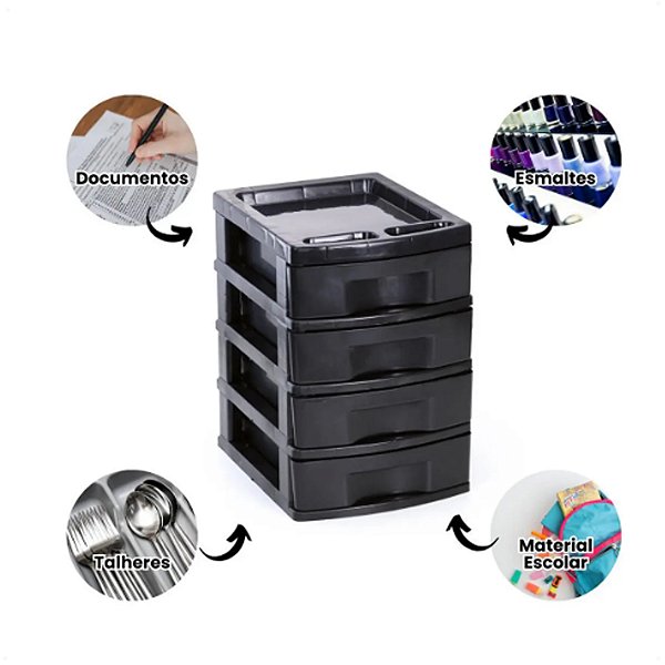 Gaveteiro Organizador Prático C/ 4 Gavetas Baixa Preto 44 Cm