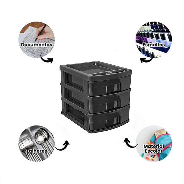 Gaveteiro Organizador Prático Com 3 Gavetas Baixa Preto 34cm