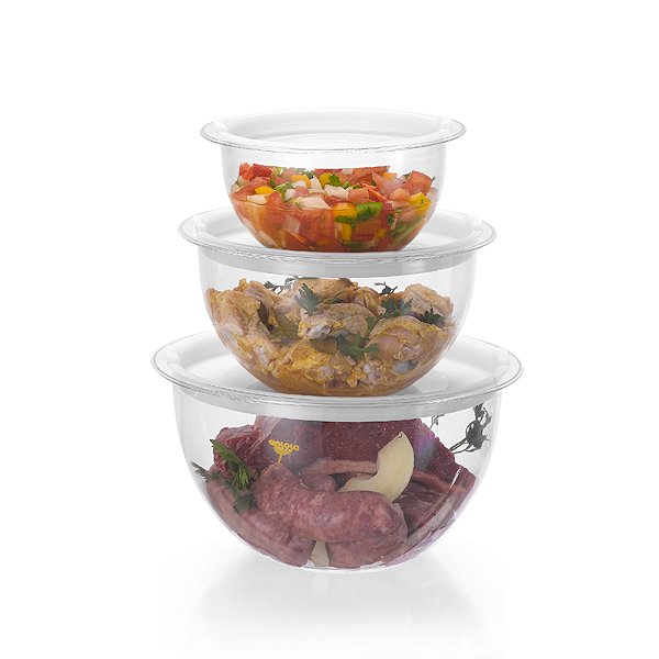 Conjunto 3 Bowl Acrílico C/ Tampa Hermético 1,1 / 2,2 / 4 L Injeplastec 211
