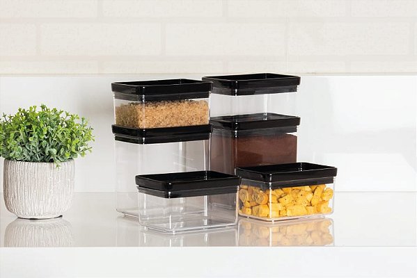Kit 6 Potes Herméticos Retangular Lumini Black 580/1300ml 1955  PARAMOUNT