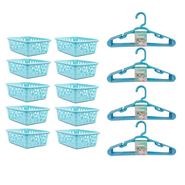 Kit 10 Cestos Organizador Azul + 20 Cabides Infantil Azul