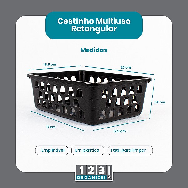 Cesto Multiuso Organizador Médio  20x15,5x6,5Cm Preto 123Organizei