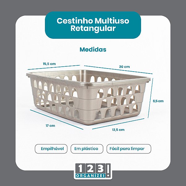 Cesto Multiuso Organizador Médio  20x15,5x6,5Cm Cinza 123Organizei