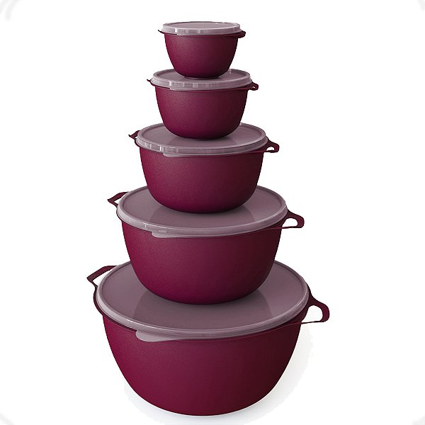 Kit 5 Vasilhas Plásticas Caçarola P/ Alimento C/ Tampa Bowl Vermelho Cozinha