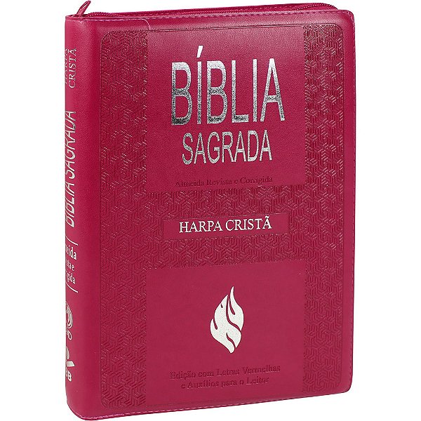 Bíblia Sagrada Letra Gigante Com Harpa Cristã E Índice - Couro Sintético Pink E Zíper Almeida Revista E Corrigida (Arc) Com Letras Vermelhas