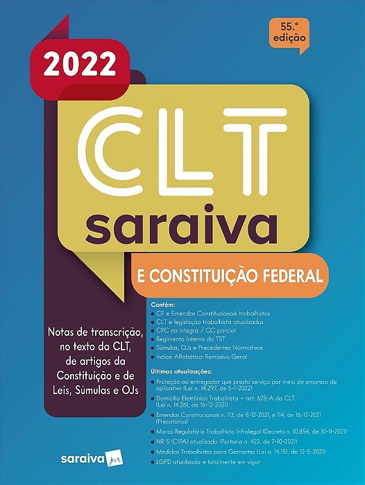 Clt Saraiva E Constituição Federal - 55ª Edição 2022