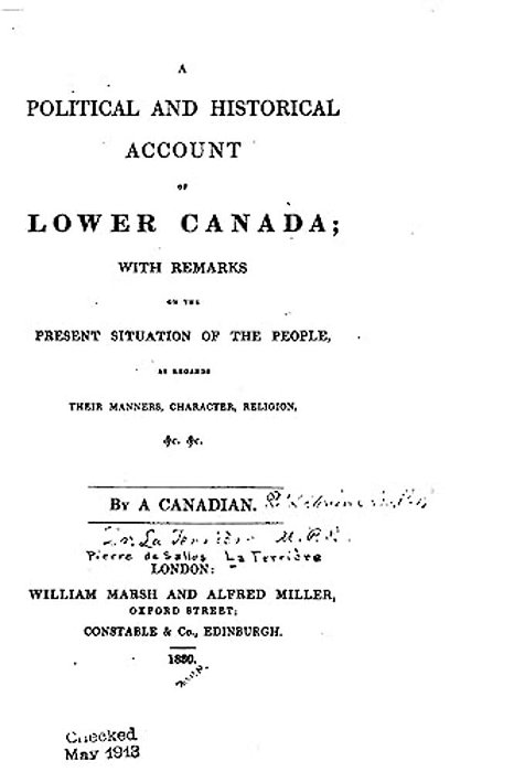A Political And Historical Account Of Lower Canada-..