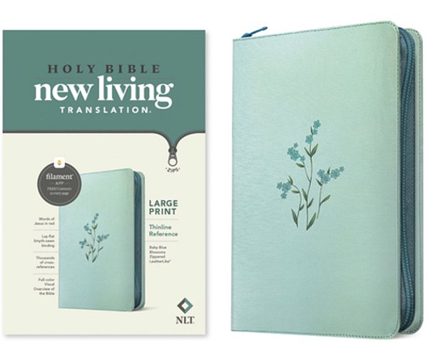 Nlt Large Print Thinline Reference Zipper Bible, Filament Enabled (Leatherlike, Baby Blue Blossoms, Red Letter)-..
