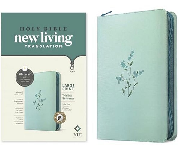 Nlt Large Print Thinline Reference Zipper Bible, Filament Enabled (Leatherlike, Baby Blue Blossoms, Indexed, Red Letter)-..