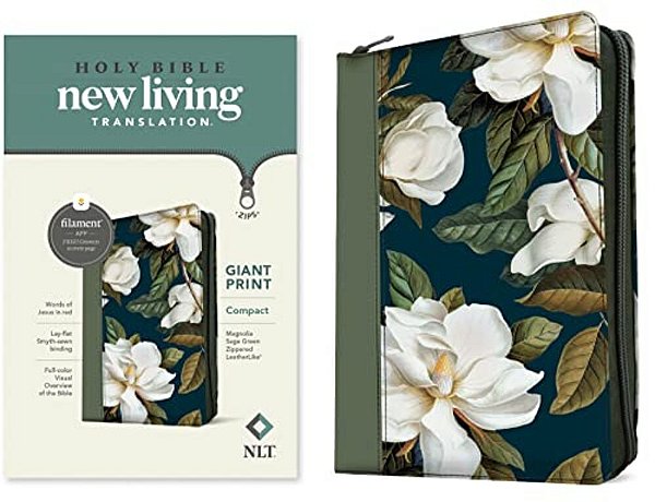 Nlt Compact Giant Print Zipper Bible, Filament Enabled (Leatherlike, Magnolia Sage Green, Red Letter)-..
