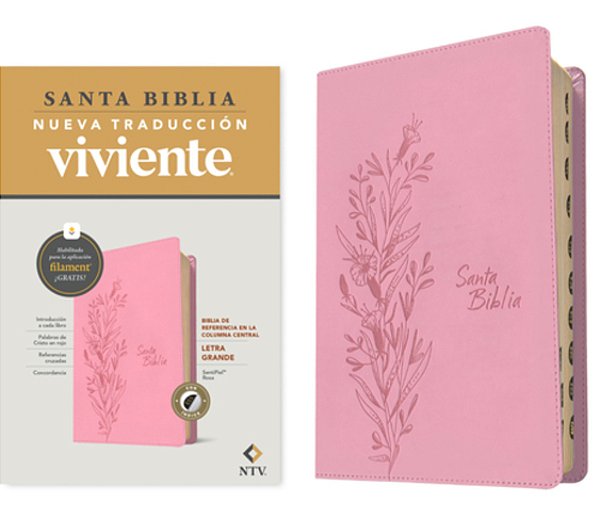 Biblia De Referencia En La Columna Central Ntv, Letra Grande Con Filament (Sentipiel, Rosa, Índice, Letra Roja)-..