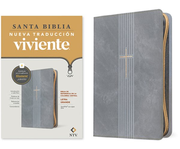 Biblia De Referencia En La Columna Central Ntv, Letra Grande De Zíper Con Filament (Sentipiel, Gris, Letra Roja)-..