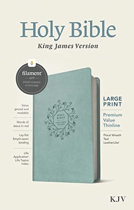Kjv Large Print Premium Value Thinline Bible, Filament Enabled (Leatherlike, Floral Wreath Teal, Red Letter)-..