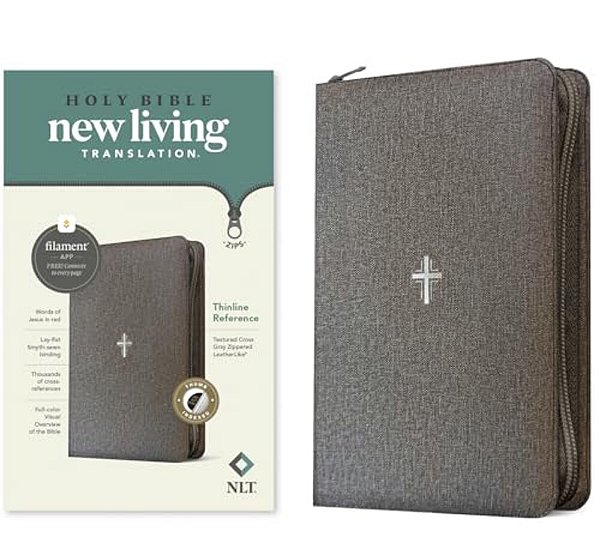 Nlt Thinline Reference Zipper Bible, Filament Enabled (Leatherlike, Textured Cross Gray, Indexed, Red Letter)-..
