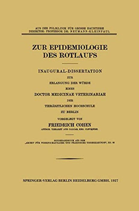 Zur Epidemiologie Des Rotlaufs: Inaugural-Dissertation-..