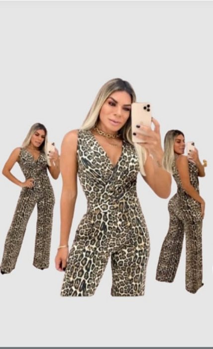 Macacão Longo Estampado Animal Print Oncinha.